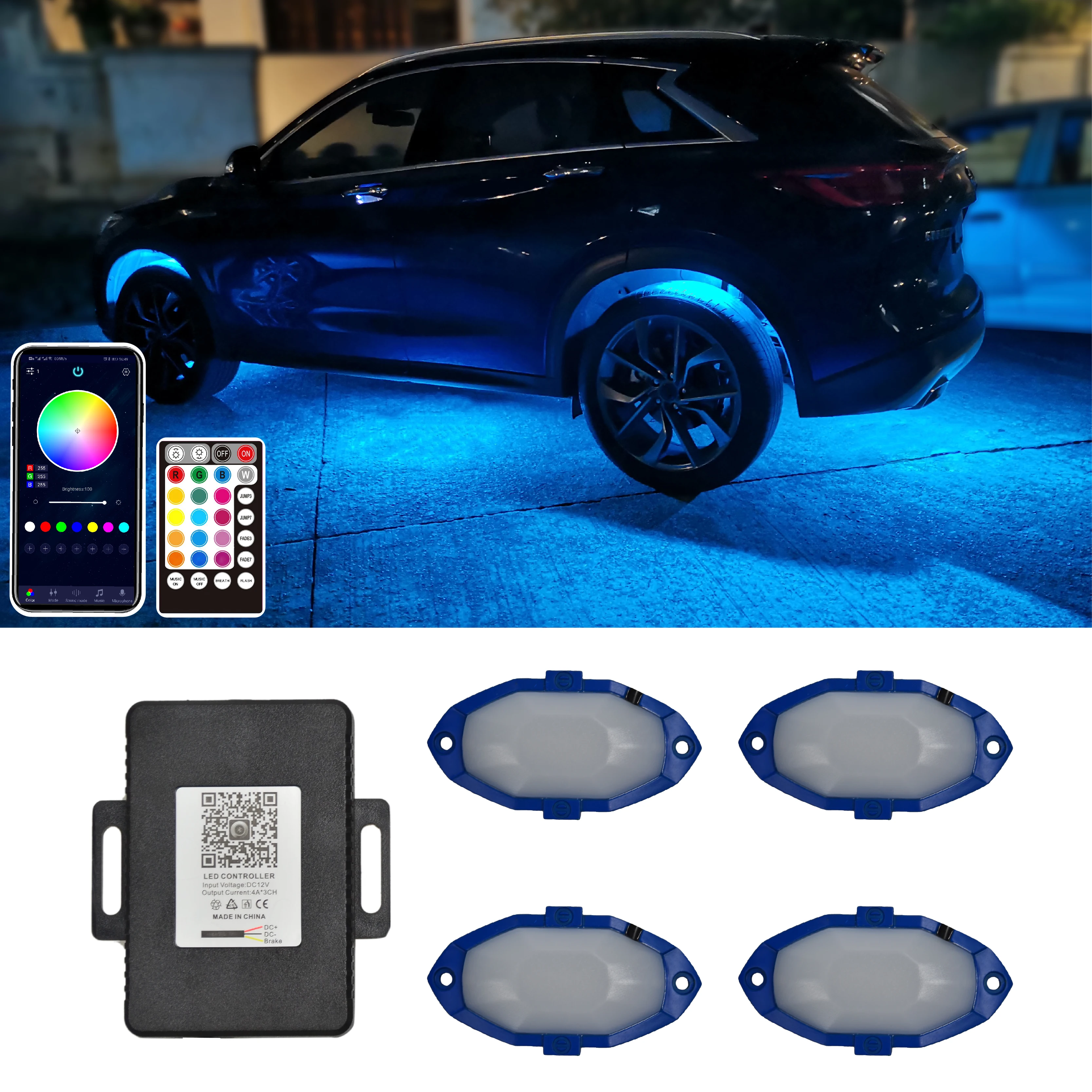 4pcs LED Aluminum Lamp Rock Lights RGB Multicolor  APP Bluetooth-compatible Music Control Car Offroad ATV Neon Underglow Lights