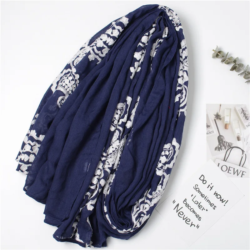 

Elegant Ladies Cotton and Linen Thin and Enlarged Shawl Embroidery Lace Cashew Flower Navy Blue Scarf Sunscreen Dual-use Shawl