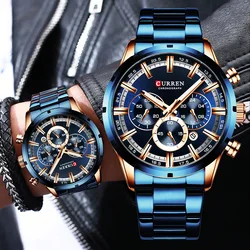 Curren-Reloj de pulsera de acero inoxidable para hombre, cronógrafo con esfera azul, con fecha, resistente al agua, para negocios