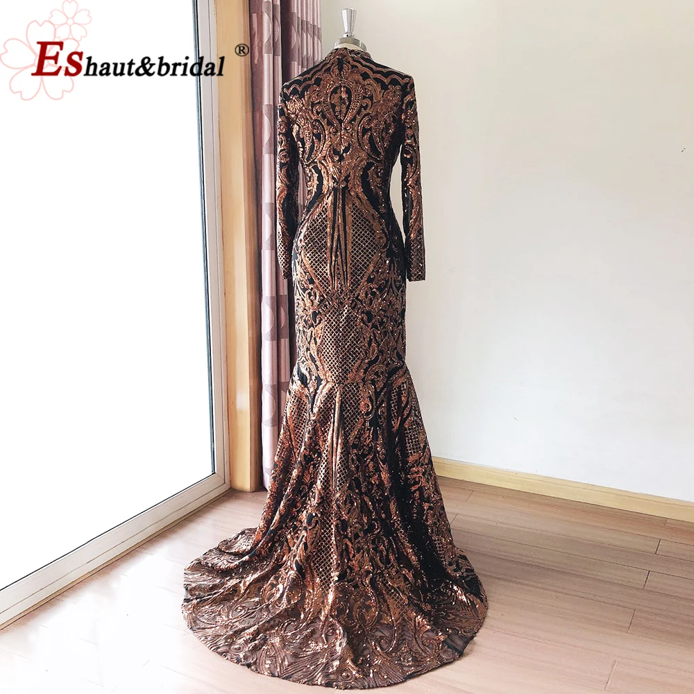 Luxury Evening Night Dress for Women 2023 Long Sleeves Mermaid Sequin Black Girl High Neck Muslim Formal Prom Wedding Party Gown