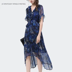 Fashion Blue Floral Chiffon Dress Women Mid-Length Ruffles Irregular Pleated Summer New High Waist Plus Size French Long Dresses