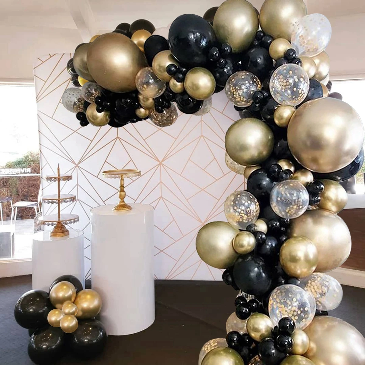 Kit de ballons avec confettis en Latex, guirlande en arc noir et or, décor de fête d\'anniversaire, joyeux 30 40 50 ans