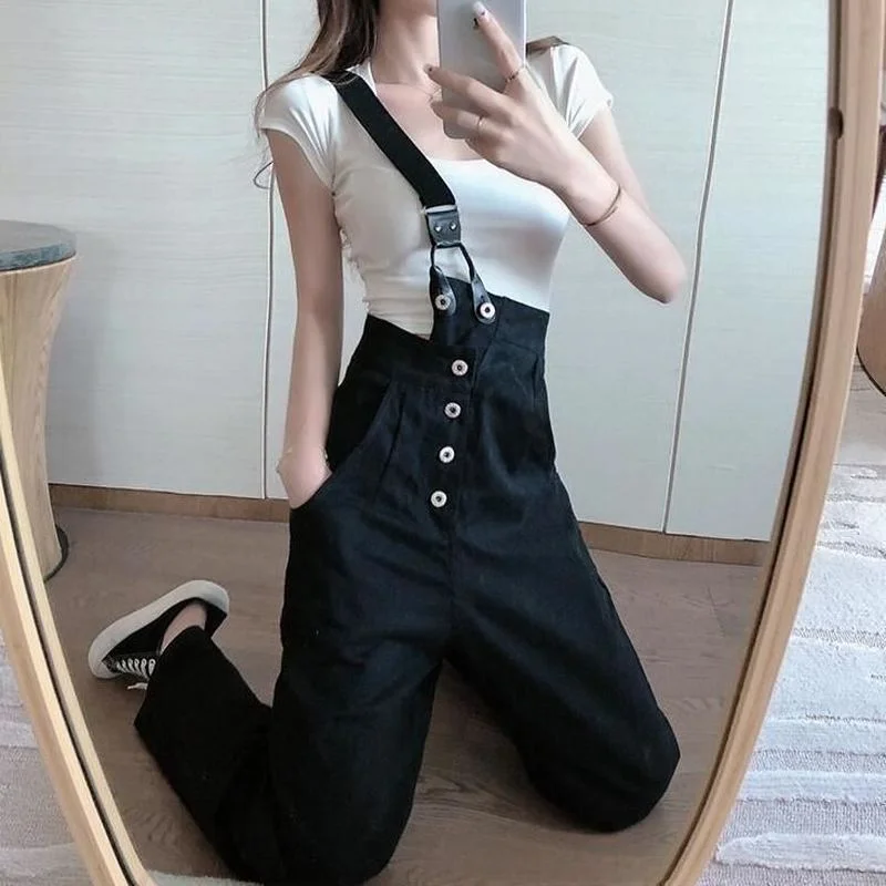 Overalls Frauen Design Unregelmäßigen One-schulter Weiß Hohe Taille Denim Hosenträger Hosen Streetwear Breite Bein Jump Anzug Mujer Ins