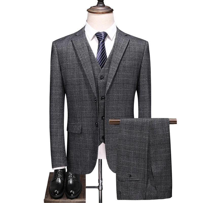 3PCS Men's Business Casual Dress Jacket Trousers WaistcoatNew Plaid Suit Three Piece Set High End Blazer Vest Pants