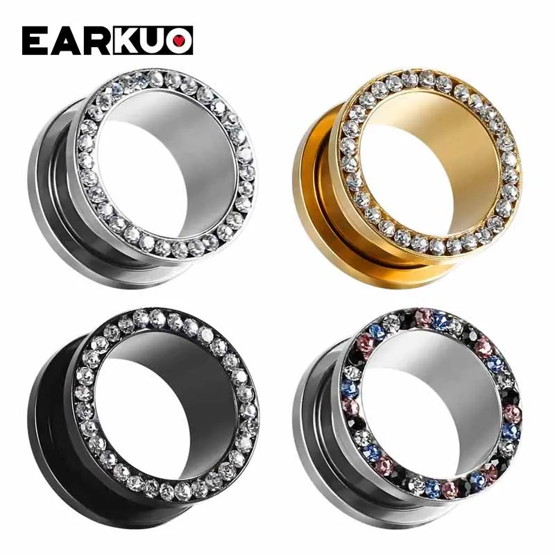 EARKUO Top Design Style Stainless Steel Zircon Shell Ear Piercing Tunnels Gauges Fashion Body Jewelry Ear Plugs Stretchers 2PCS