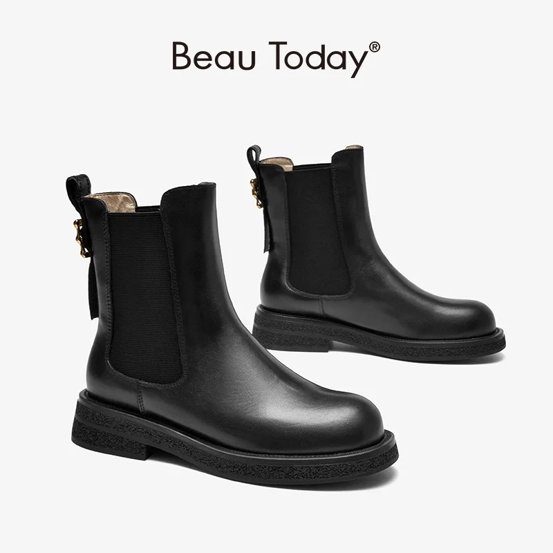 

BeauToday Chelsea Boots Women Calfskin Leather Metal Buckle Decor Elastic Band Square Heel Female Shoes Handmade 04043