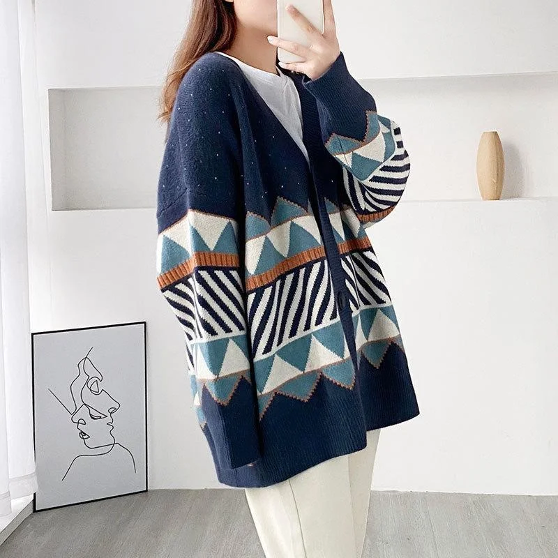 2023 Jacquard Knitted Cardigan Lazy Style Loose Outer Jacket V-Neck Jumper Button-Up All-Match Female Loose Top Autumn Winter