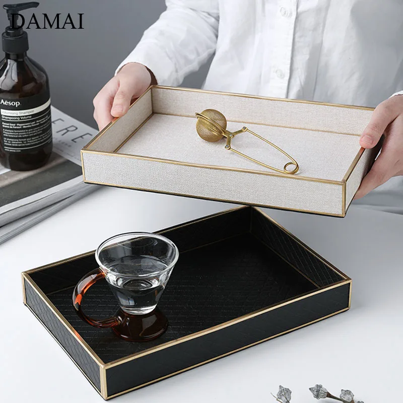 Nordic Copper Strip Trays Decorative Simple Leather Storage Tray Jewelry Cosmetic Plates Afternoon Tea Dessert Tea Set Organizer