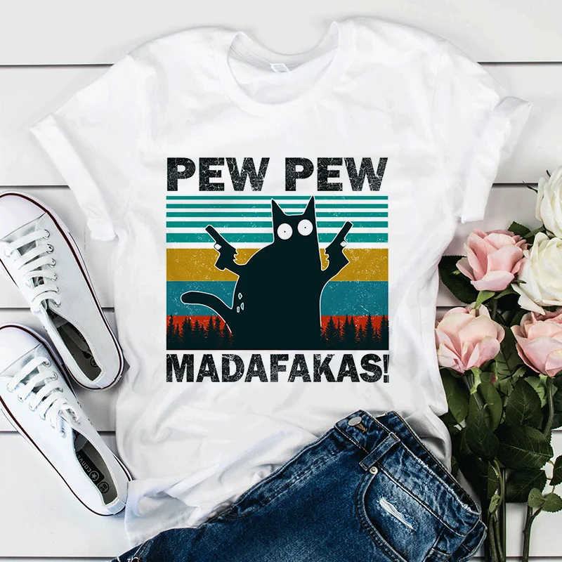 Pew Pew Madafakas Print T-shirt Women Murderous Black Cat With Gun Funny T Shirt Short Sleeve Halloween Tops Tees Femme Tshirt