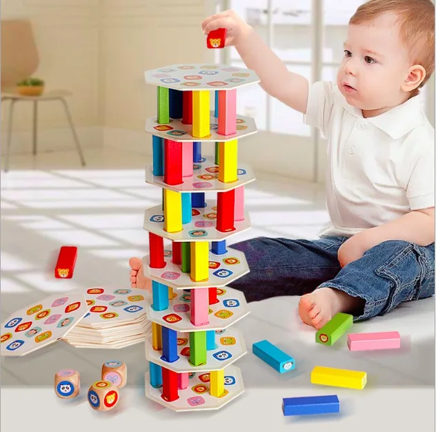 การศึกษา Stacking Tower สายรุ้งสีสัตว์ชุดสร้างสรรค์เด็กเล่นพัฒนาการอาคารบล็อกของเล่น Domino GameToys