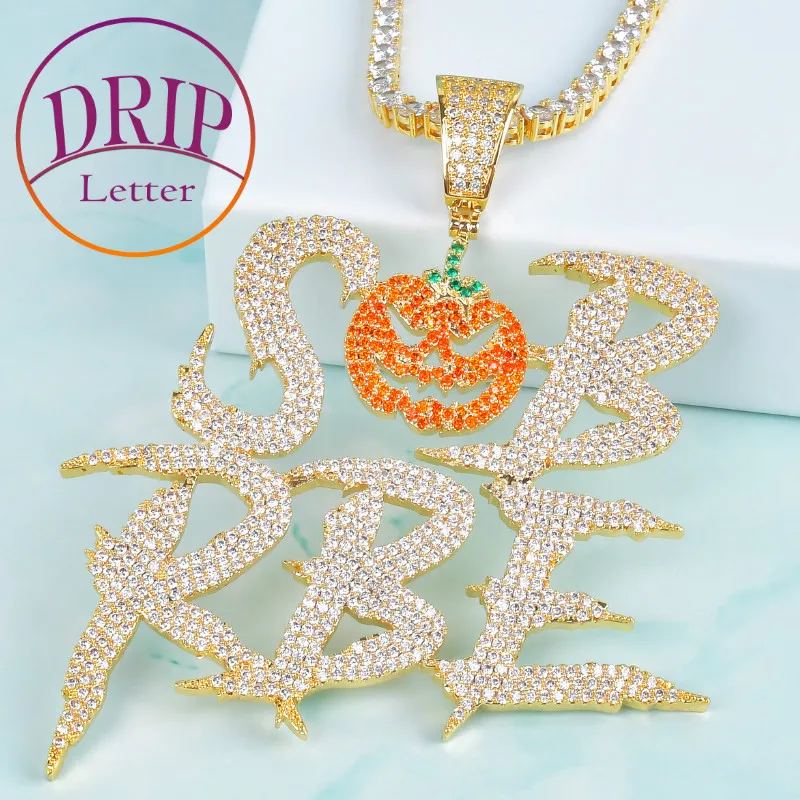 

Pumpkin With Letters Pendant Orange Color Cubic Zircon For Men's Women Hip Hop Halloween Necklace Jewelry For Gift