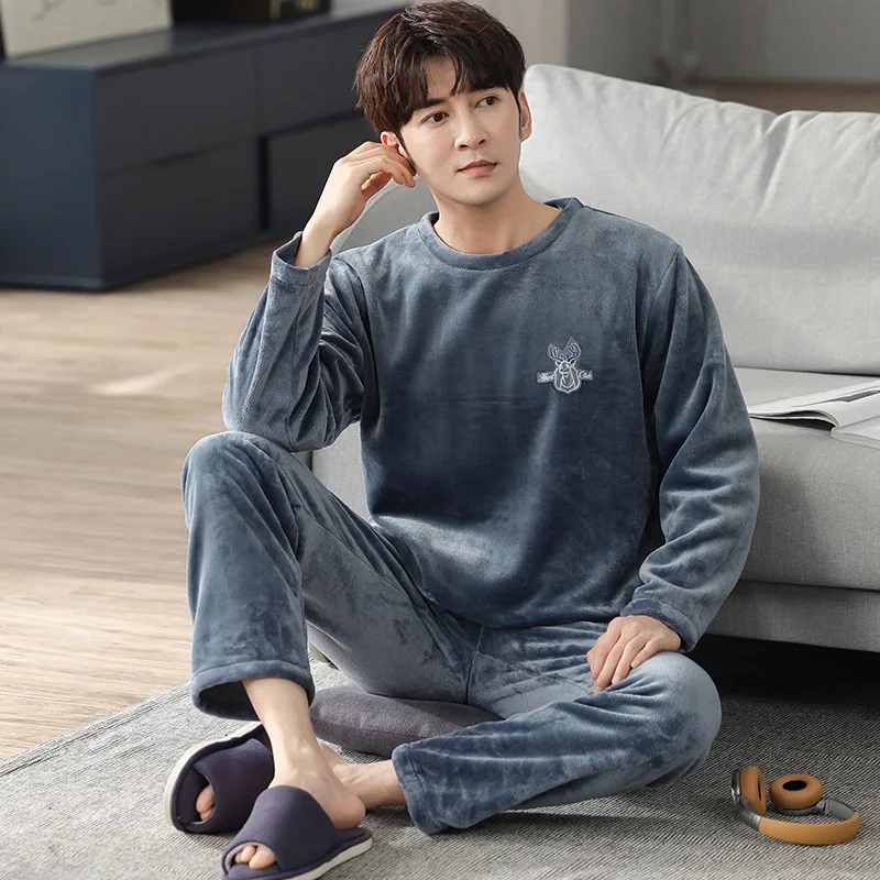 Flannel Pyjamas Men Winter Pajamas Set Long Sleeve Thick Warm Male Pijama Hombre Coral Fleece Pyjama Homme Sleepwear