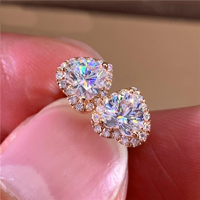 Custom Solid 18K Rose Gold Stud Earrings Women 0.5 1 2 3 Carat Heart Moissanite Diamond Wedding Anniversary Engagement Party