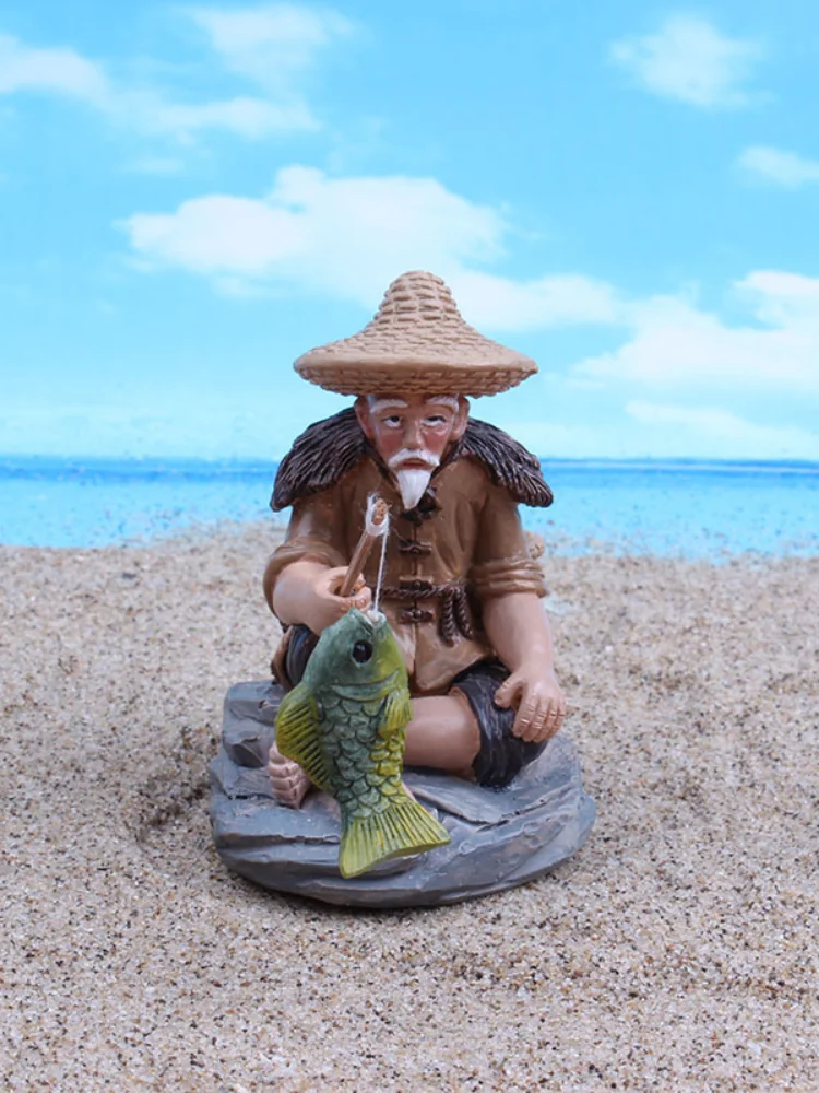 Resin Character Fisherman Fishing Aquarium Fish Tank Decoration Flowerpot Gardening Ornaments Psychological Sand Table