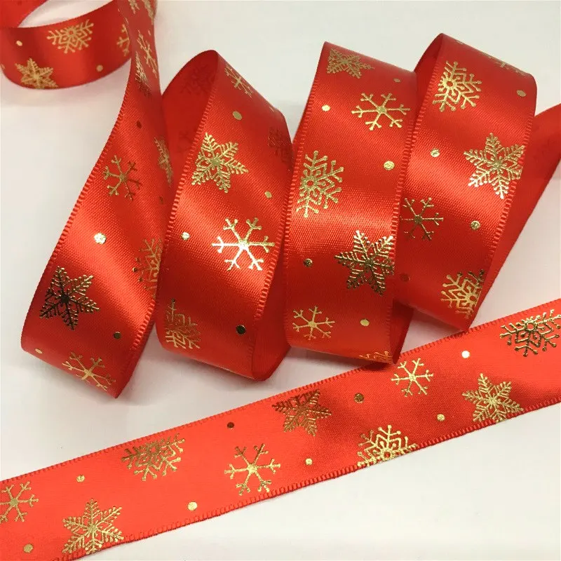 2.5cm 5Y Christmas Snowflakes Stars Gold Foil Printed Satin Ribbon For Handmade DIY Craft Party Wedding Gift Floral Packing