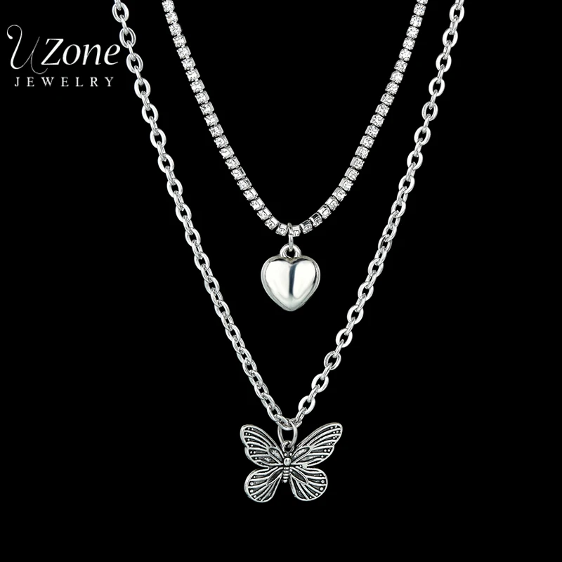 Uzone Romantic Stainless Steel Butterfly Love Heart Pendant Necklace Double-layer Cubic Zircon Chain Necklace For Women Gift