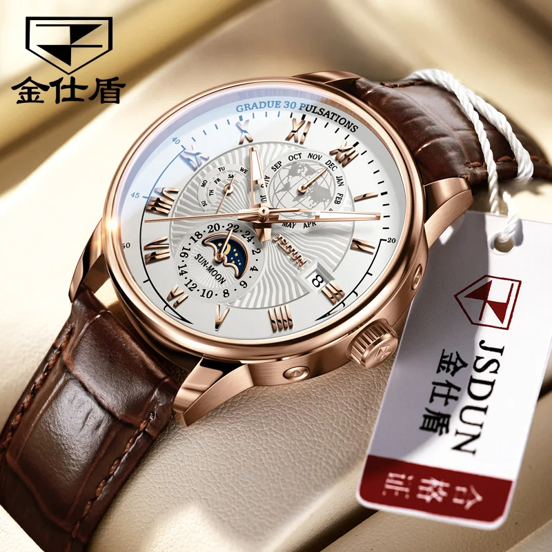 JSDUN Men\'s Mechanical Watch Luminous Leather Strap Waterproof Man Watch Top Brand Luxury Business Watch For Men Moonswatch 8909