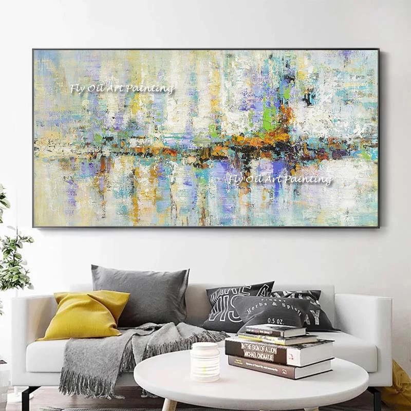 Large 100% Hand Painted Abstract Building Lake Oil Painting On Canvas Colorful Building Wall Art Painting For House As A Gift