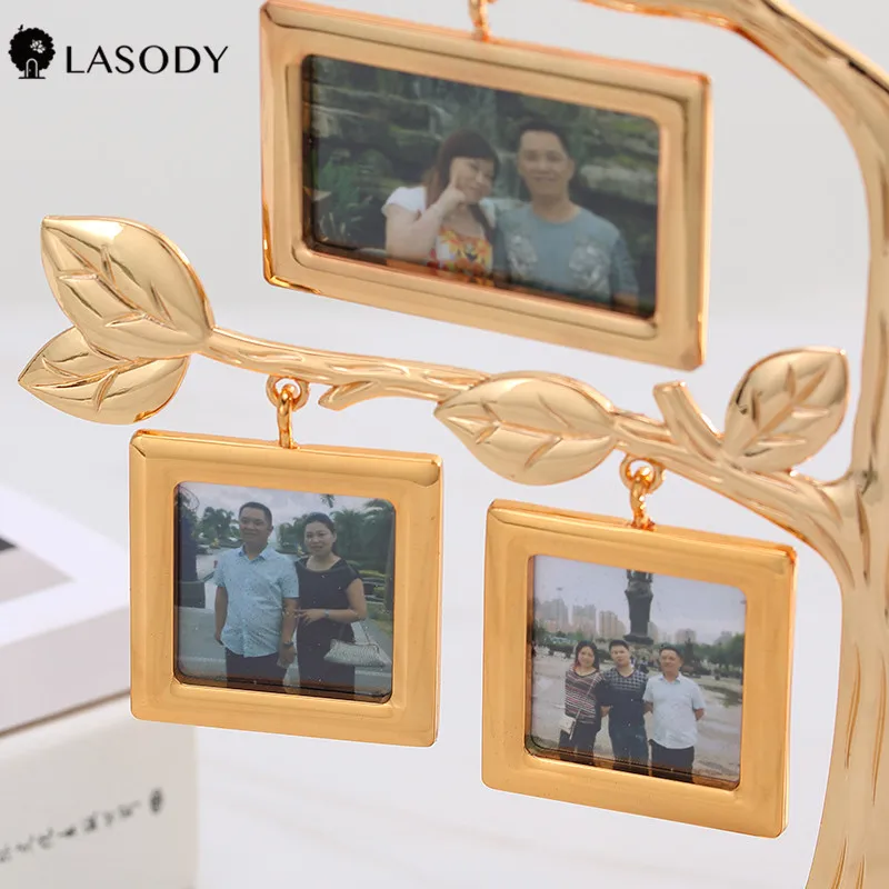 Family Tree Photo Frame with 7 Hanging Photo Frames Gold Metal Desktop Picture Frame Decoration