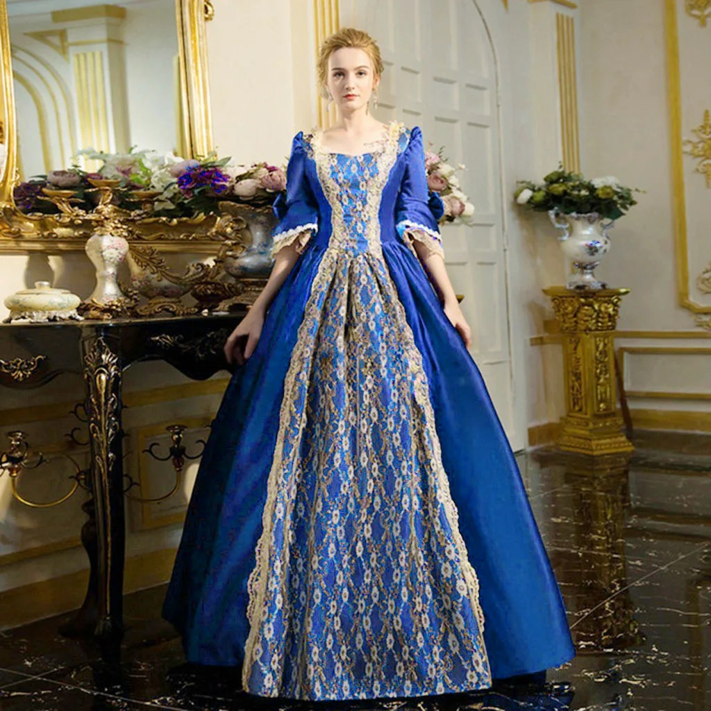 18th Century Medieval Dress Women High Waist Half Sleeve Ball Gowns Princess Lace Patchwork Satin Dress Queen Renaissance Costum