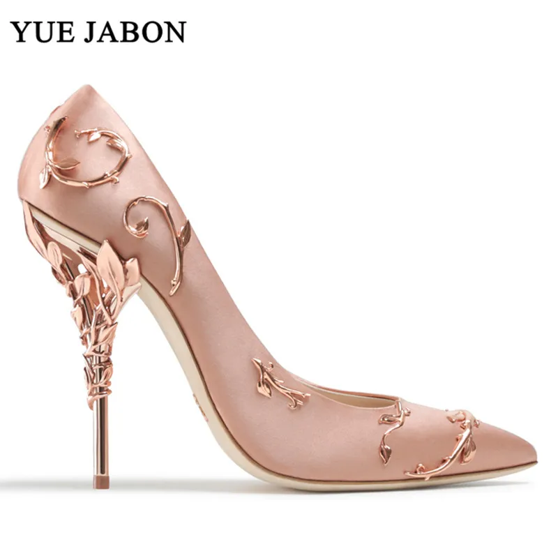 Gold Sexy Mental Heels Wedding Shoes Women  Leaves Heel Design Pointed High Heels Women Fashion Luxury Women Pink Shoes 10cm