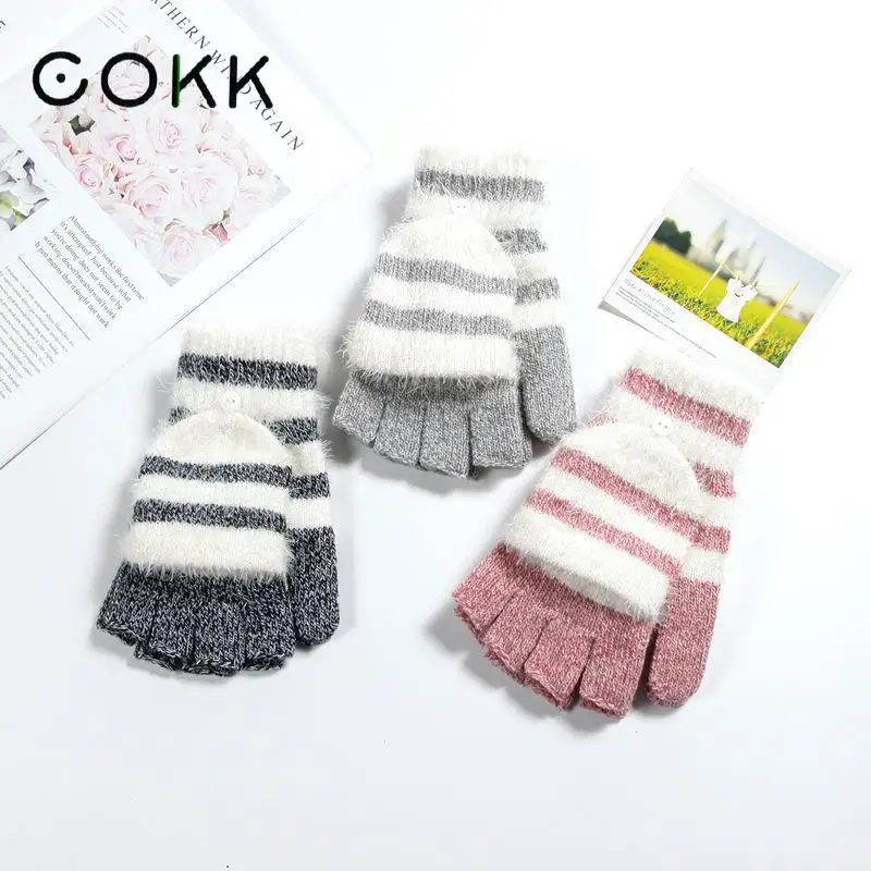 COKK damskie rękawiczki bez palców śliczne Faux Rabbit Fur Stripe rękawiczki z dzianiny damskie zimowe Knitting cieplej rękawiczki na rękę Mitten