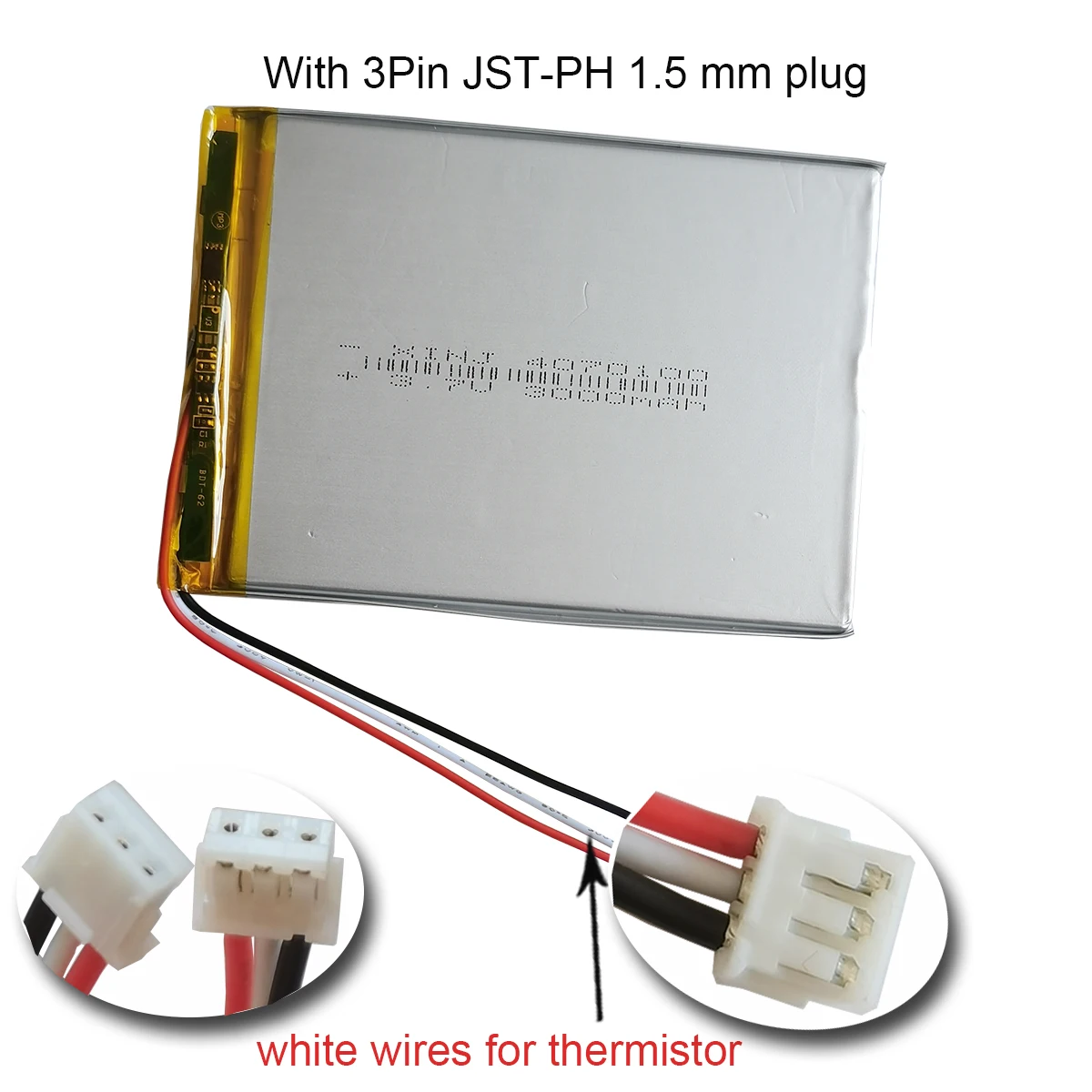 3.7V 3000mAh 11.1Wh แบตเตอรี่ Li-Polymer Li แบบชาร์จไฟได้ 4070100   NTC เทอร์มิสเตอร์ 3 สาย JST 3pin 1.0/1.25/1.5/ 2.0/ 2.54 มม. ปลั๊ก
