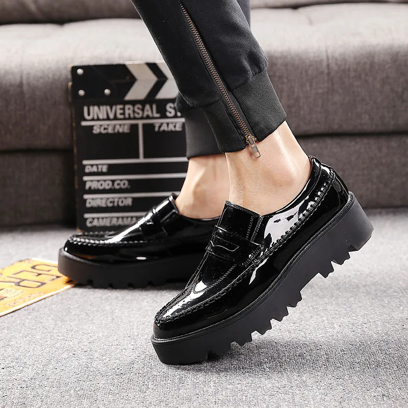 mens casual business wedding formal dresses black platform shoes slip-on lazy shoe oxford patent leather loafers chaussure homme