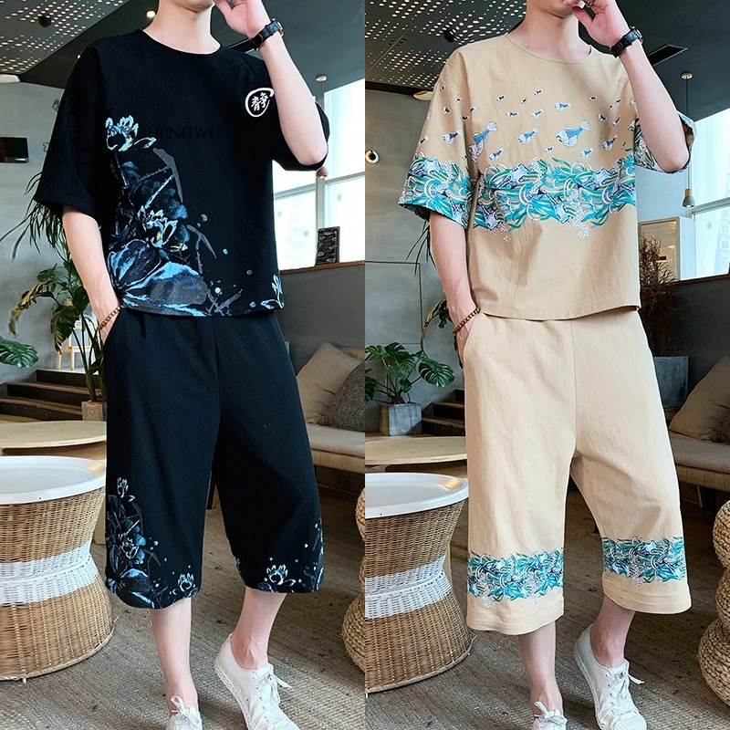 Men Kimono Short-Sleeved Shirt Pants Two Piece Suits Japanese Summer Print T-shirt Shorts Japan Harajuku Yukata Cardigan Costume