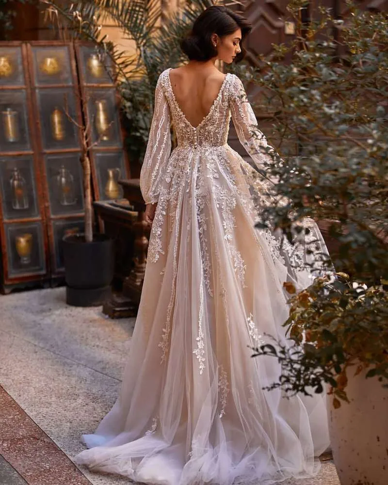 Eightree Vestido De Noiva Renda 2021 Kant Trouwjurken Vrouwen Lange Mouwen Bruid Jurk V Terug Champagne Vintage Bruidsjurken