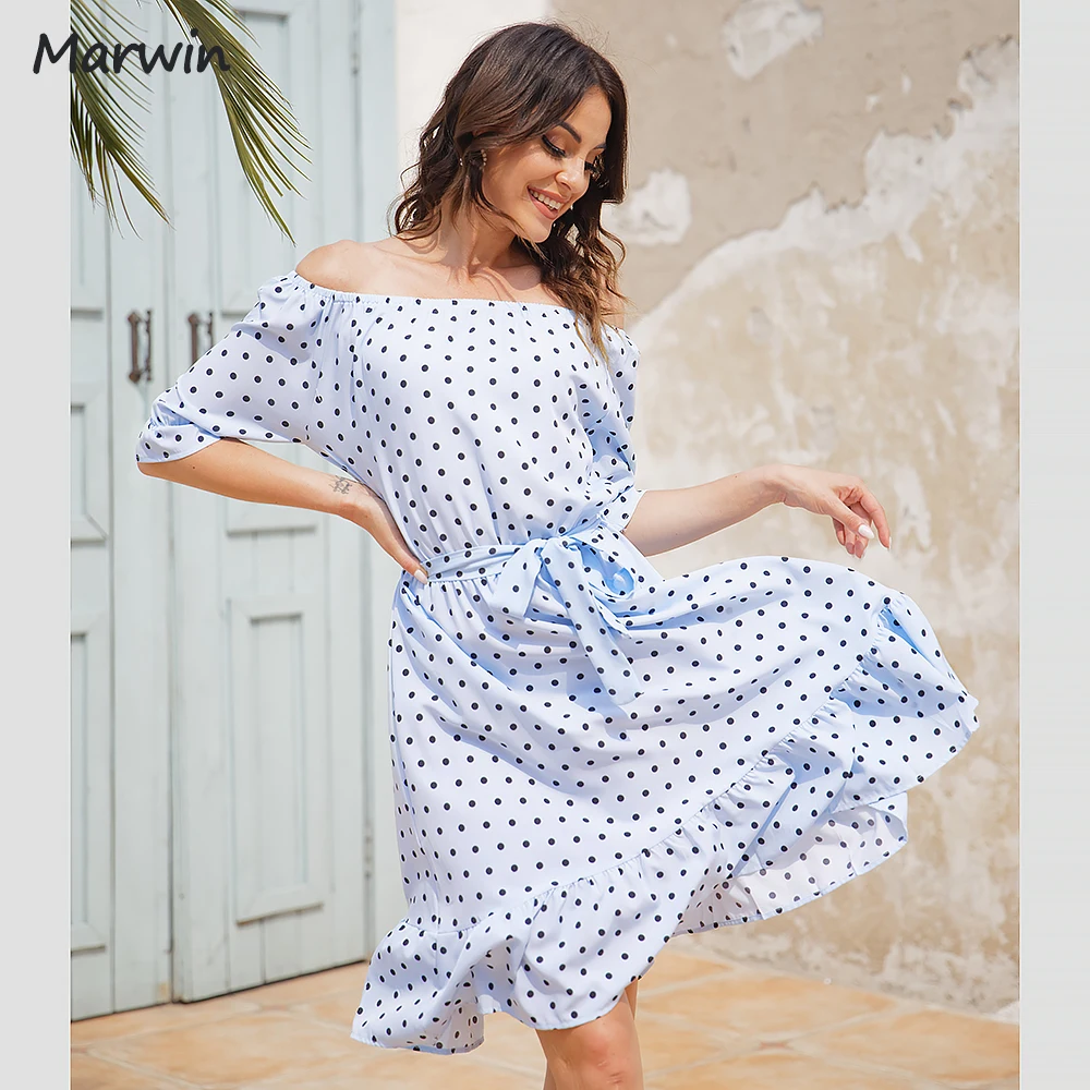 Marwin Long Simple Casual Dot Slash Neck With Belt Holiday Style High Waist Fashion Mid-Length Summer Dresses NEW Vestidos