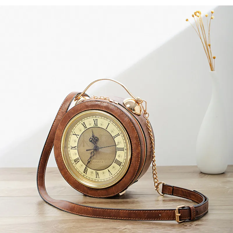 New Vintage Real Alarm Clock Women Shoulder Bag Women Casual Tote Bags High Quality Chain Women Circular Crossbody Bag