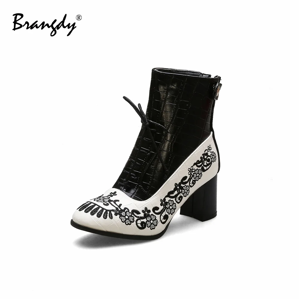 

2024 Women Boots PU Leather Splicing Stone Pattern Women Ankle Boots Round Toe Women Winter Shoes Zipper Square Heel