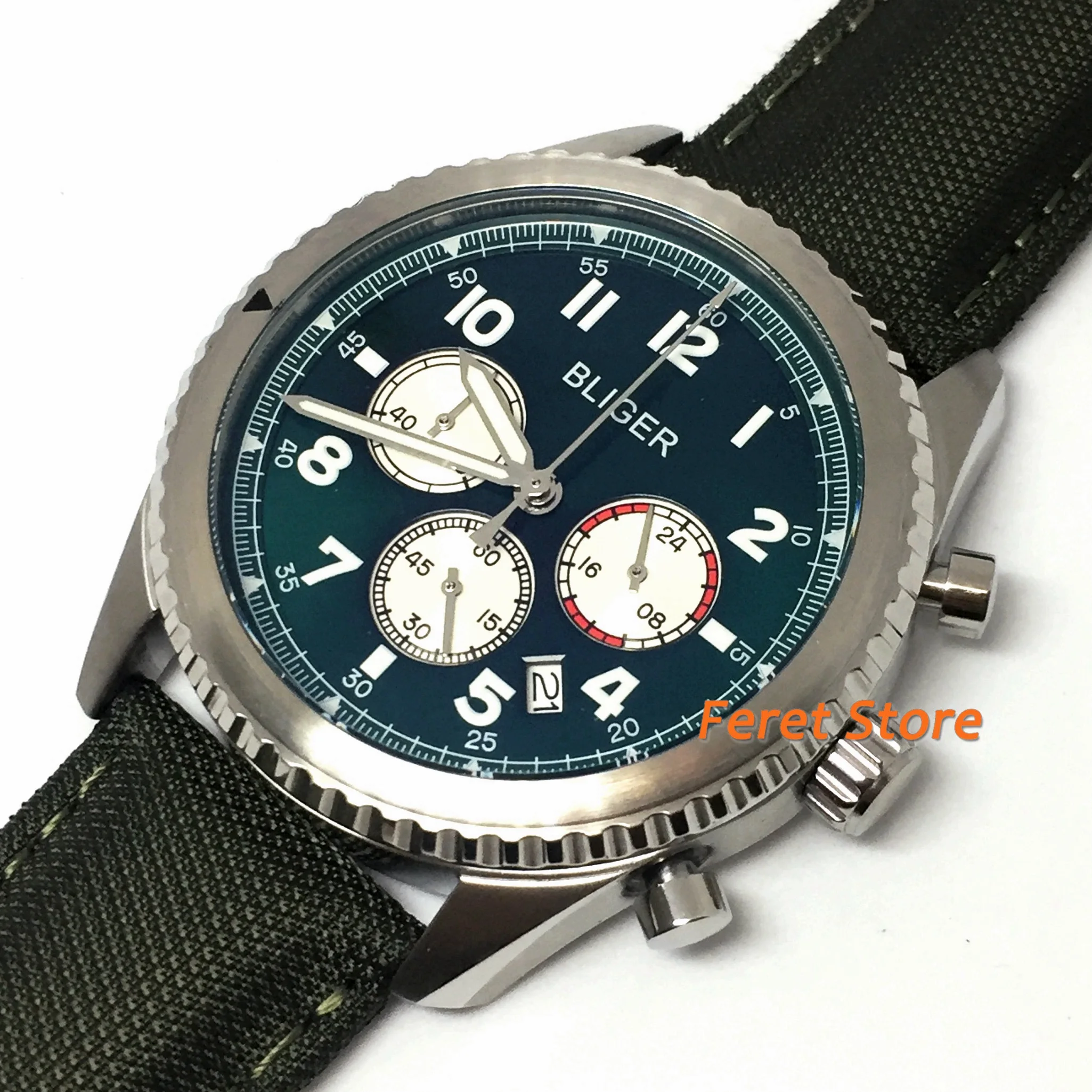 

Bliger 45mm Leather strap watch silver case green dial luminous Japan VK quartz movement men's Chronograph quartz watch