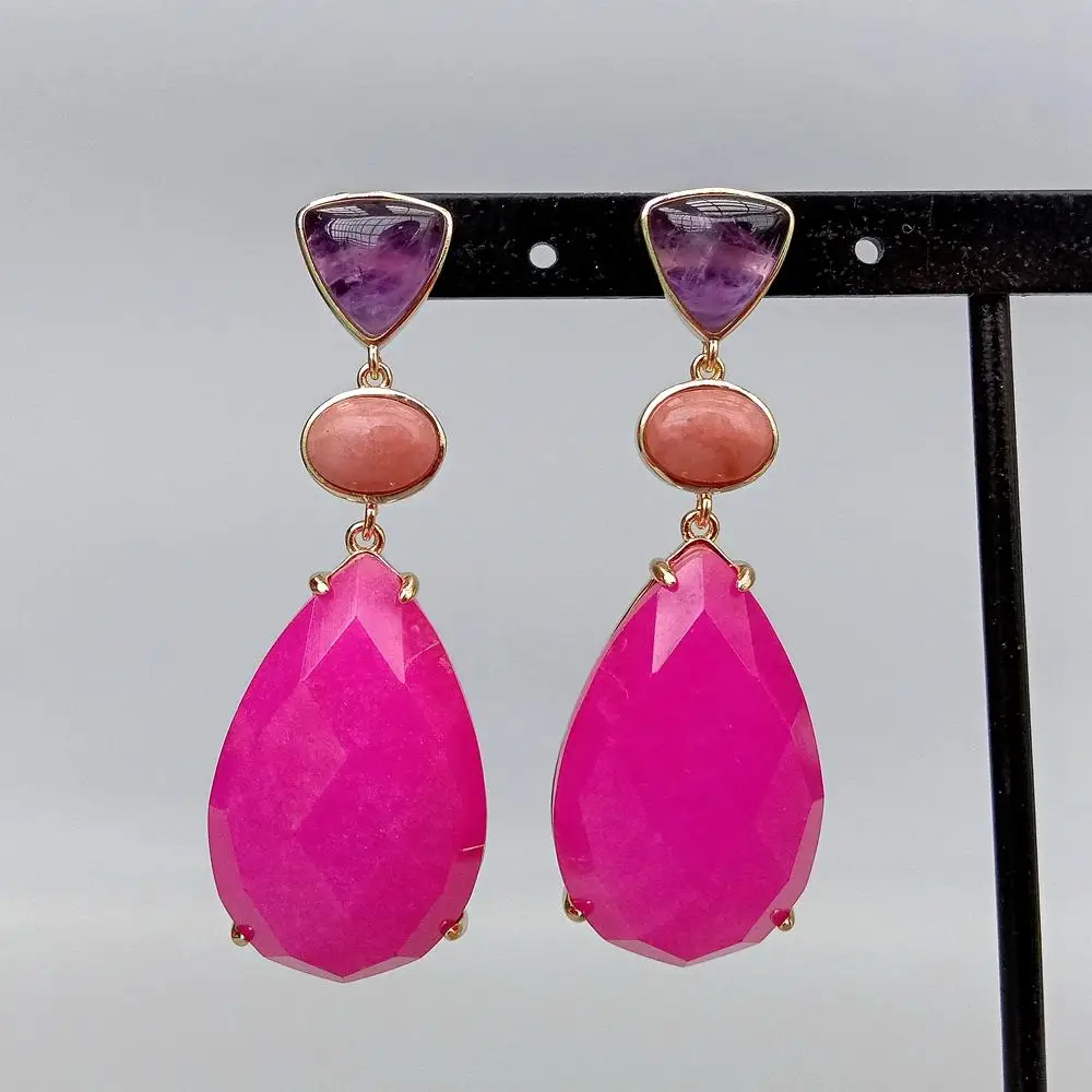 Y.YING Fuchsia Jade Amethyst Red Aventurine Bezel Set Gemstone Dangle Earrings