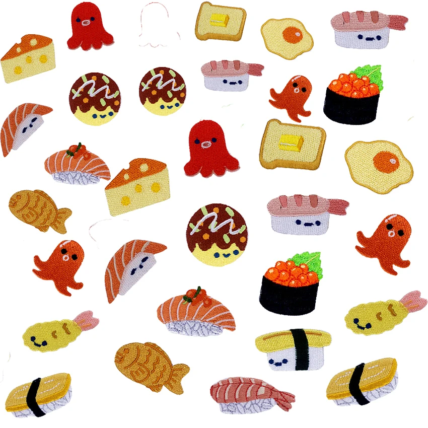 New Fish Cake Sushi Bread Food Embroidered Patches for Clothing DIY Applique Clothes Stickers Iron on Creative Badges Patches