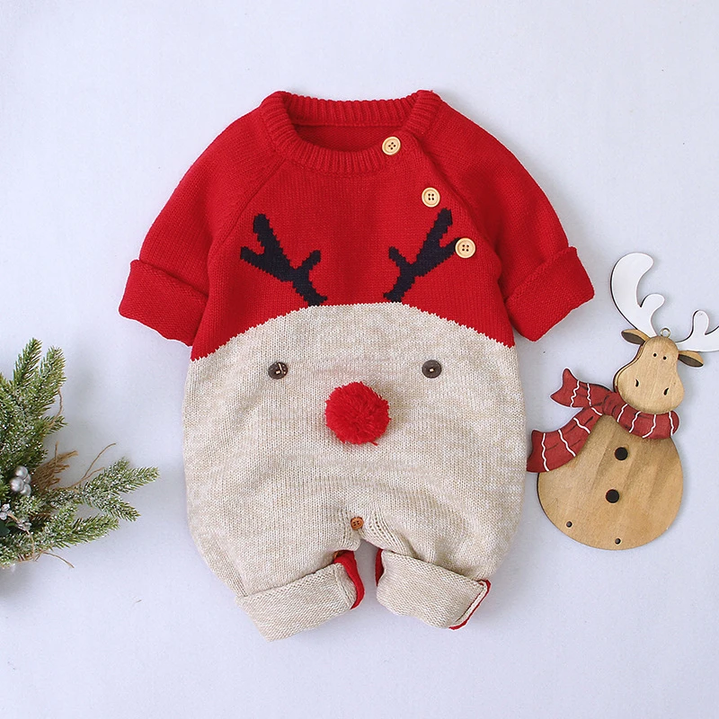 Christmas Clothes Baby Boys Rompers Reindeer Knit Infantil Jumpsuits Toddler Girls New Year\'s Costume Children Warm Wool Clothes