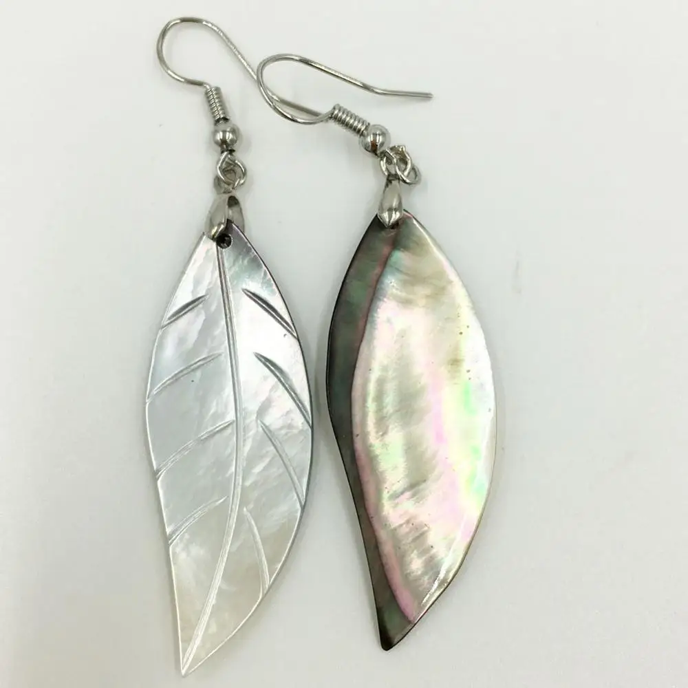 Fashion Jewelry  White Black Mother of pear Shell Leaf Women Bead Dangle Earrings Pair C7917