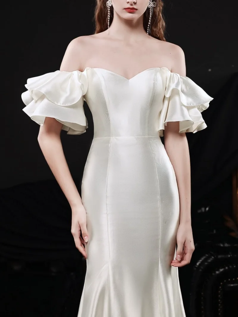 Robe de Mariée en Satin Élégante et Simple, Tenue Vintage à Manches Courtes et Traîne