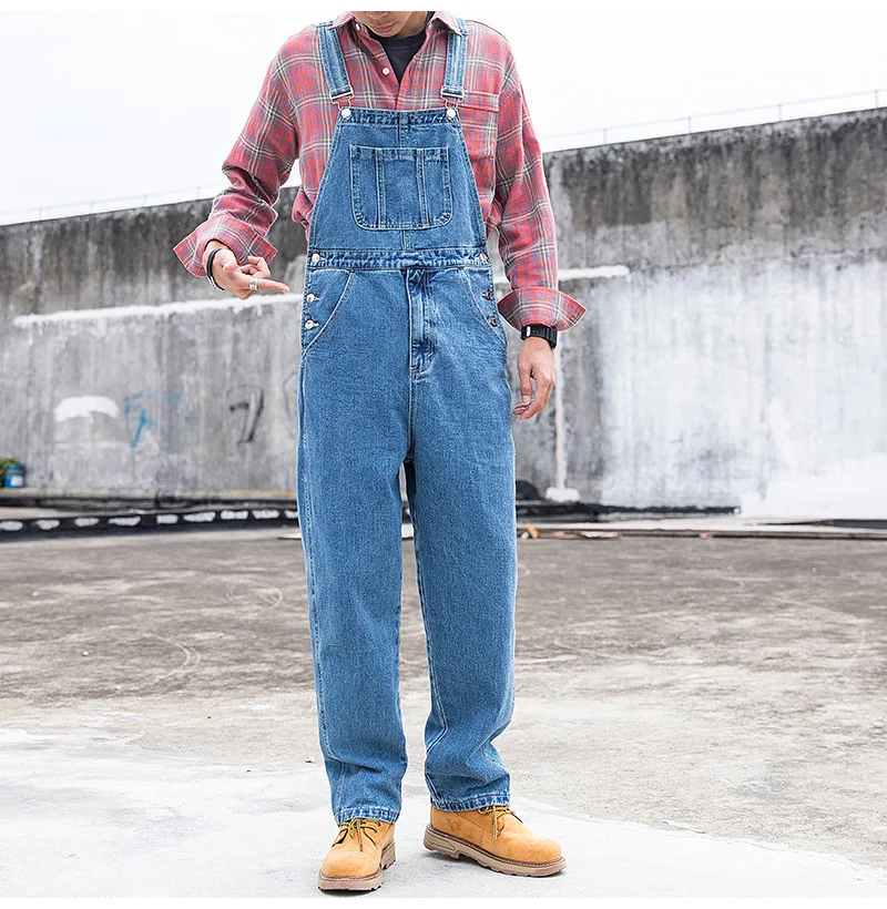 Herren Plus Size Denim Latzhose Klassische Cargo-Jeans mit Großen Taschen Lose Arbeitslatzhose Trägerhose Dunkel- und Hellblau – Detail 15