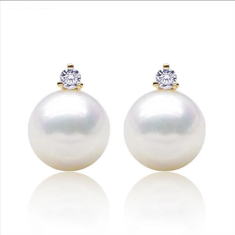 Free Shipping 18k Yellow Gold AAA White Akoya Cultured Pearl Diamond Earrings 8.5-9mm