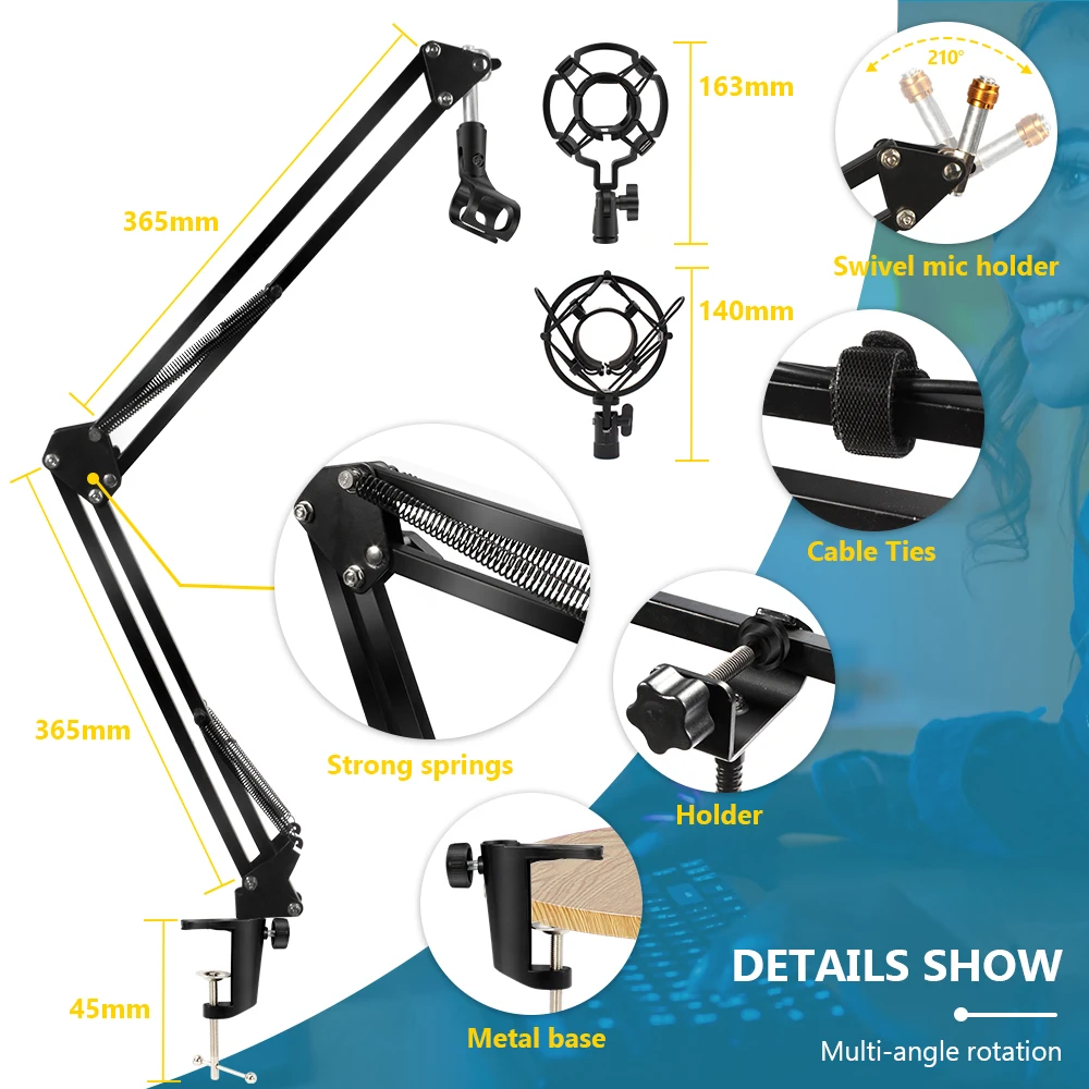 Heavy Duty Scissor Arm Suspension NB-35 Microphone Arm Stand with Shock Mount Ring Light Cable Ties Table Mount for Desk Mic