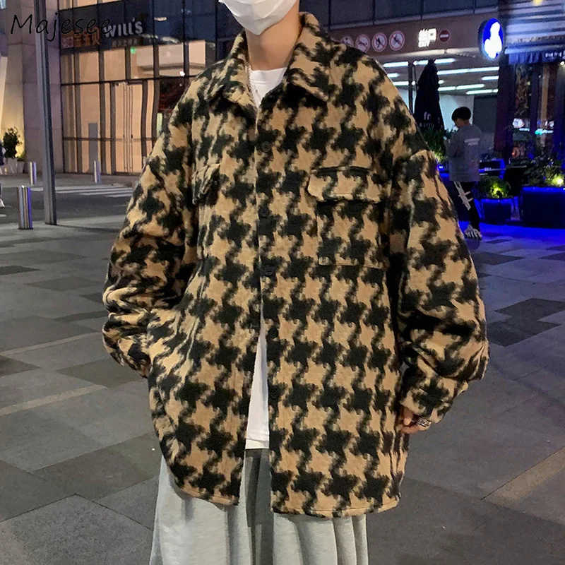 

Men Wool Blends Houndstooth Vintage Overcoats Baggy Single Breasted Turn Down Collar Woolen Coats Male Autumn Winter Windbreaker