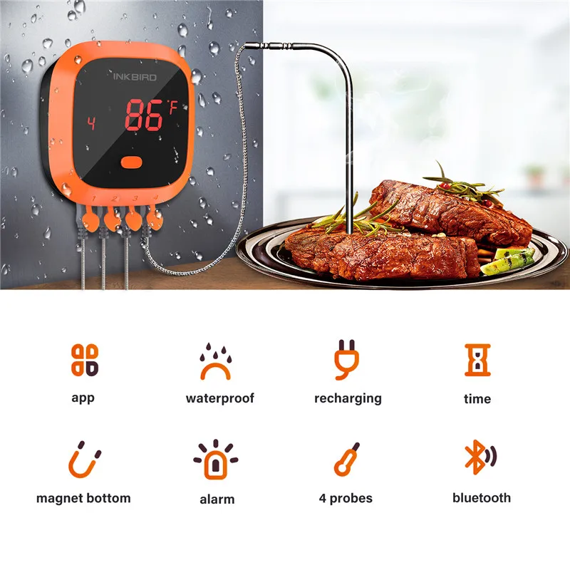 INKBIRD Waterproof IBT-4XC Wireless BBQ Digital Thermometer USB Rechargable Battery With Probe&Timer For Oven Meat Grill Smoker