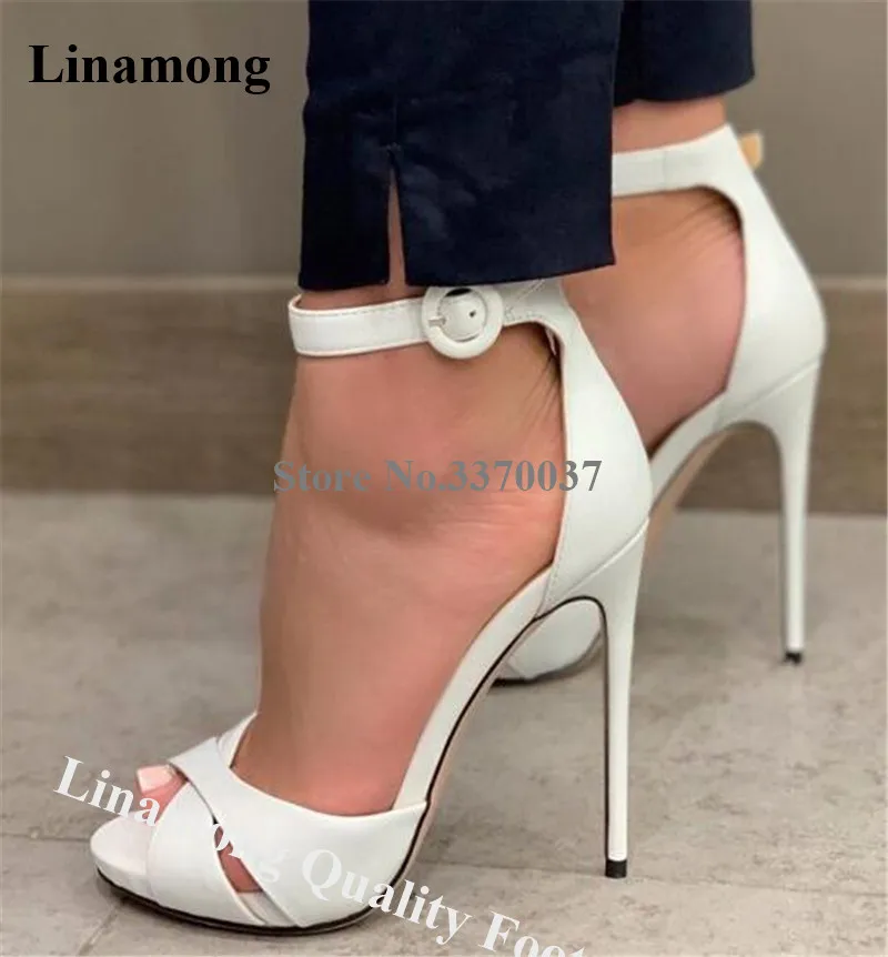 

Linamong Women Elegant Open Toe White Leather Stiletto Heel Sandals Ankle Strap Buckle High Heel Sandals Dress Heels Shoes