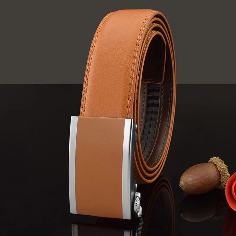 

High Quality Automatic buckle full grain leather belt men designer Cowskin yellow Waist Strap luxury famous brand ceinture homme