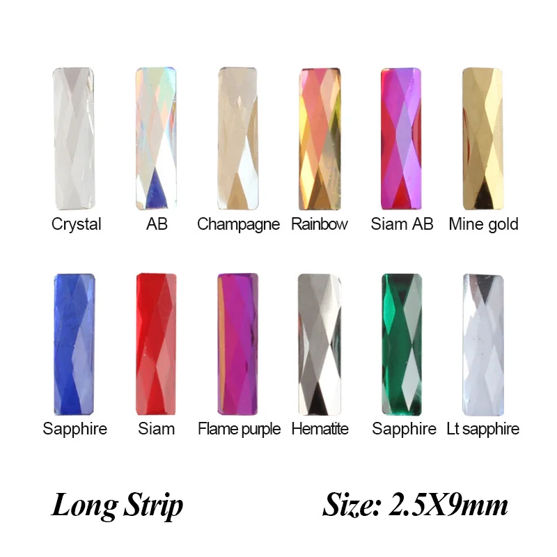 2.5x9mm Strip Nail Rhinestone Mix color Glass Crystal 30pcs /100pcs for nail accessories Free Shipping