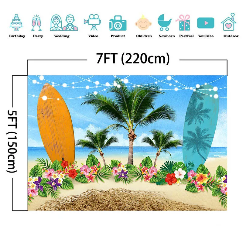 Sommer Surf Fotografie Hintergrund Surfbrett Sandy Strand Meer Blau Sky Palm Baum Decor Kind Geburtstag Partei Hintergrund Foto Studio
