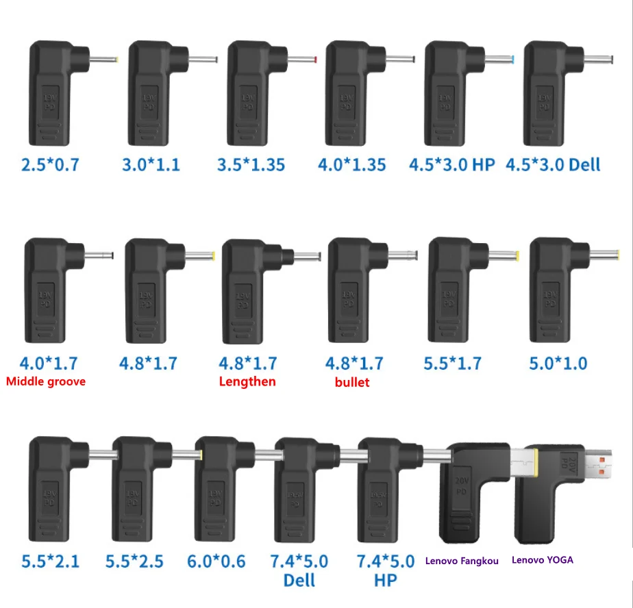 USB Type c to DC PD Power Charging Connector (5.5x2.5, 5.5x2.1,4.8x1.7, 4.0x1.7, 4.0x1.35, 3.5x1.35, 3.0x1.1, 2.5x0.7 Square)