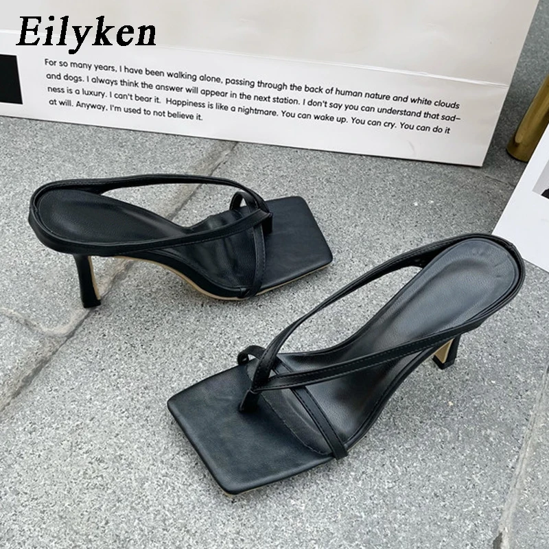 Eilyken 2024 New Slipper High Heels Shoes Fall Best Street Look Females Square Head Toe Clip-On Strappy Women Sandals Slides